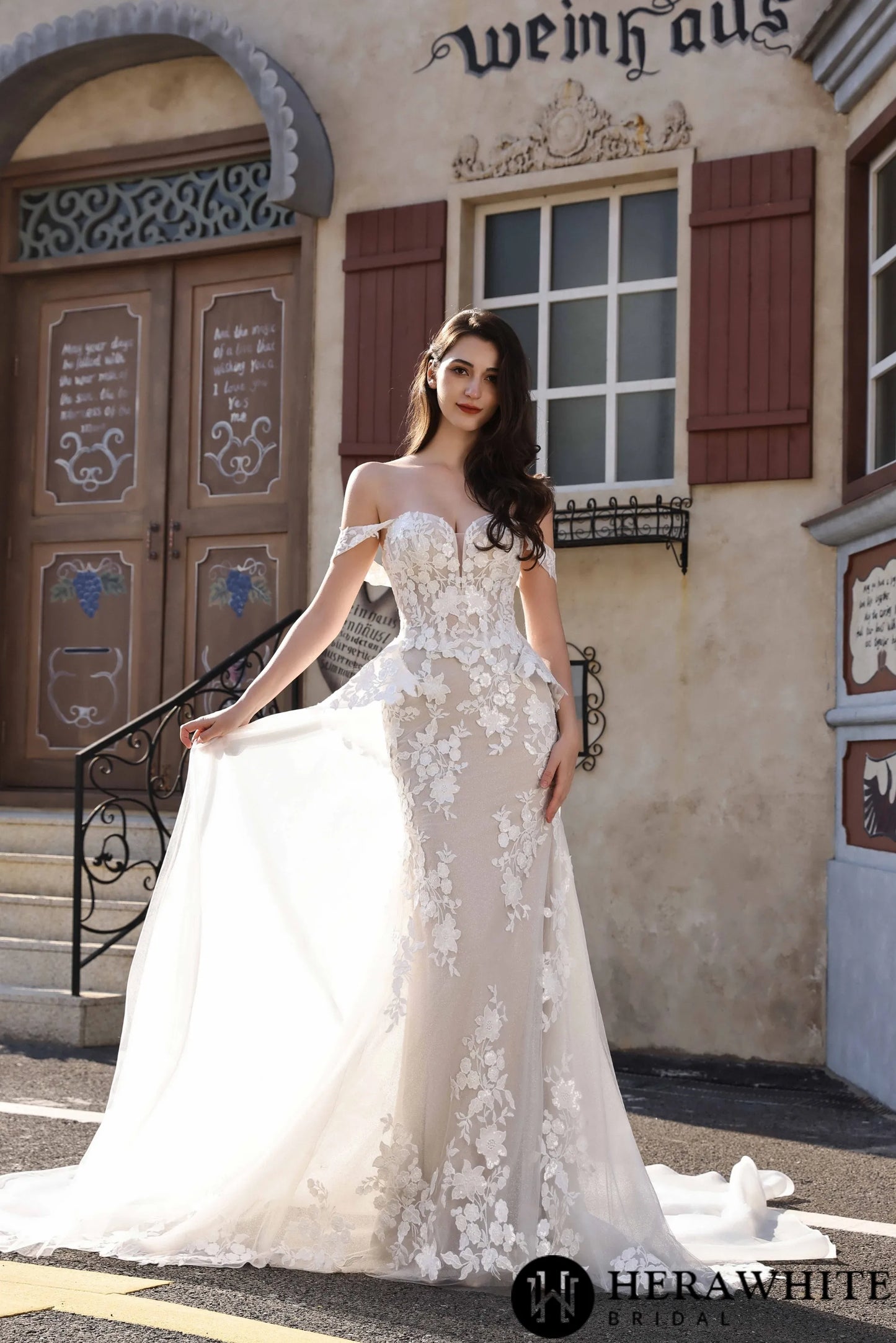Couture Off-the-Shoulder Floral Lace Mermaid Gown With Detachable Overskirt HW3801-O
