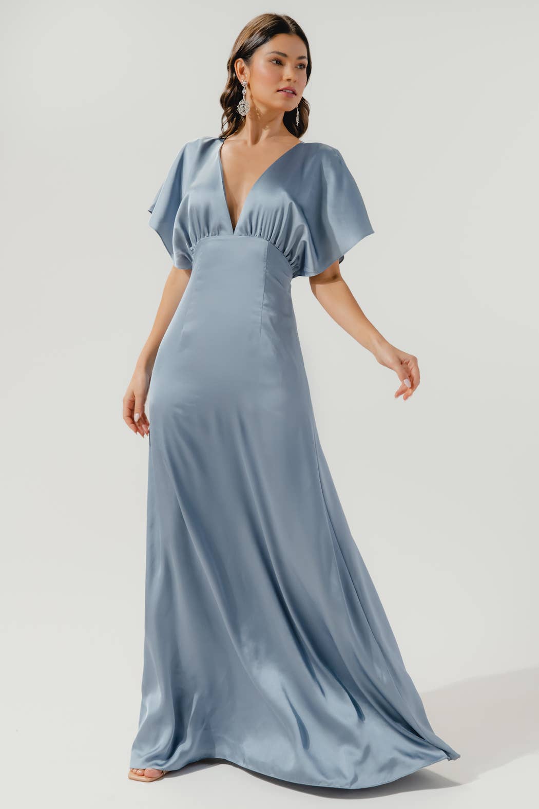 Darling Flutter Sleeve Cut Out Satin Maxi Dress: Champagne / L