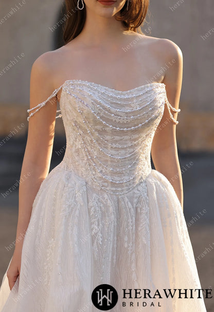 Strapless Ballgown Wedding Dress with Beaded Chain Shoulder Accent HW3807
