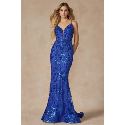 SEQUIN LACE EMBELLISHMENTS FITTED PROM GOWN
