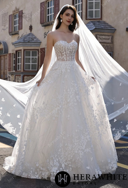Off-the-Shoulder Sheer Floral Lace With Glitter A-Line Romantic Wedding Dress HW3822