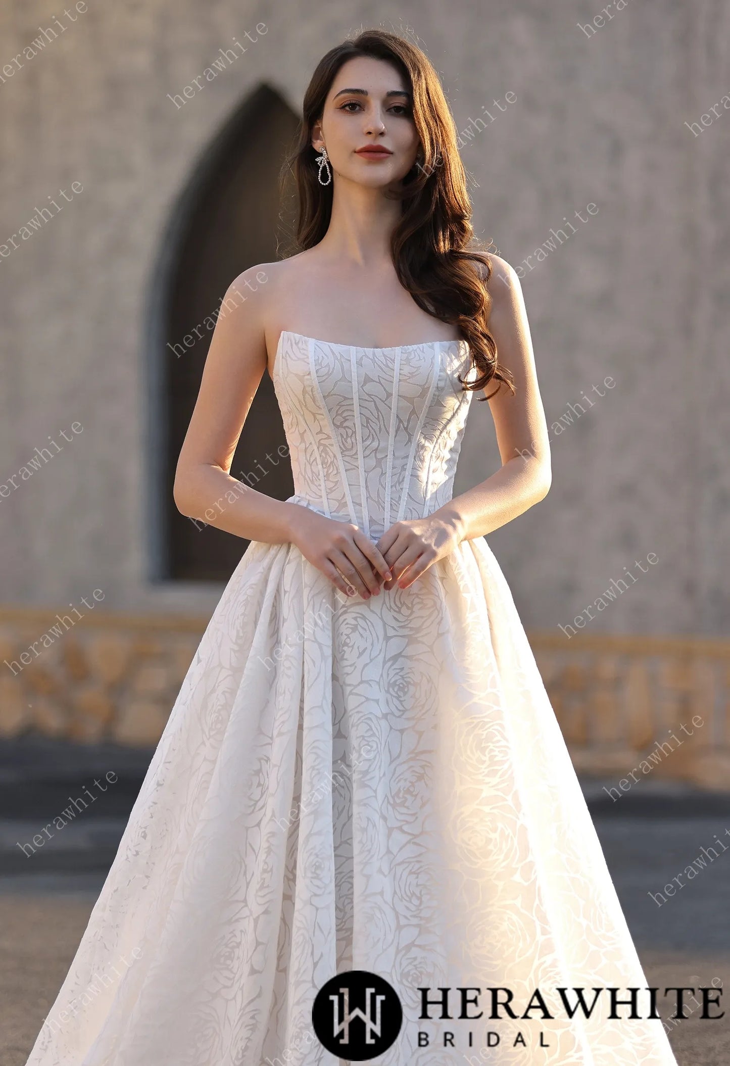 A-line Wedding  Gown In A Floral Print Organza With Detachable Cape HW3831