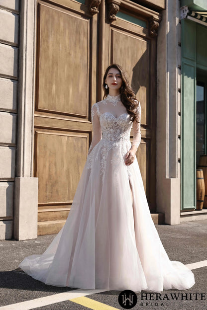 Strapless Sweetheart Beaded Lace Wedding Dress With High illusion Neck HW3841