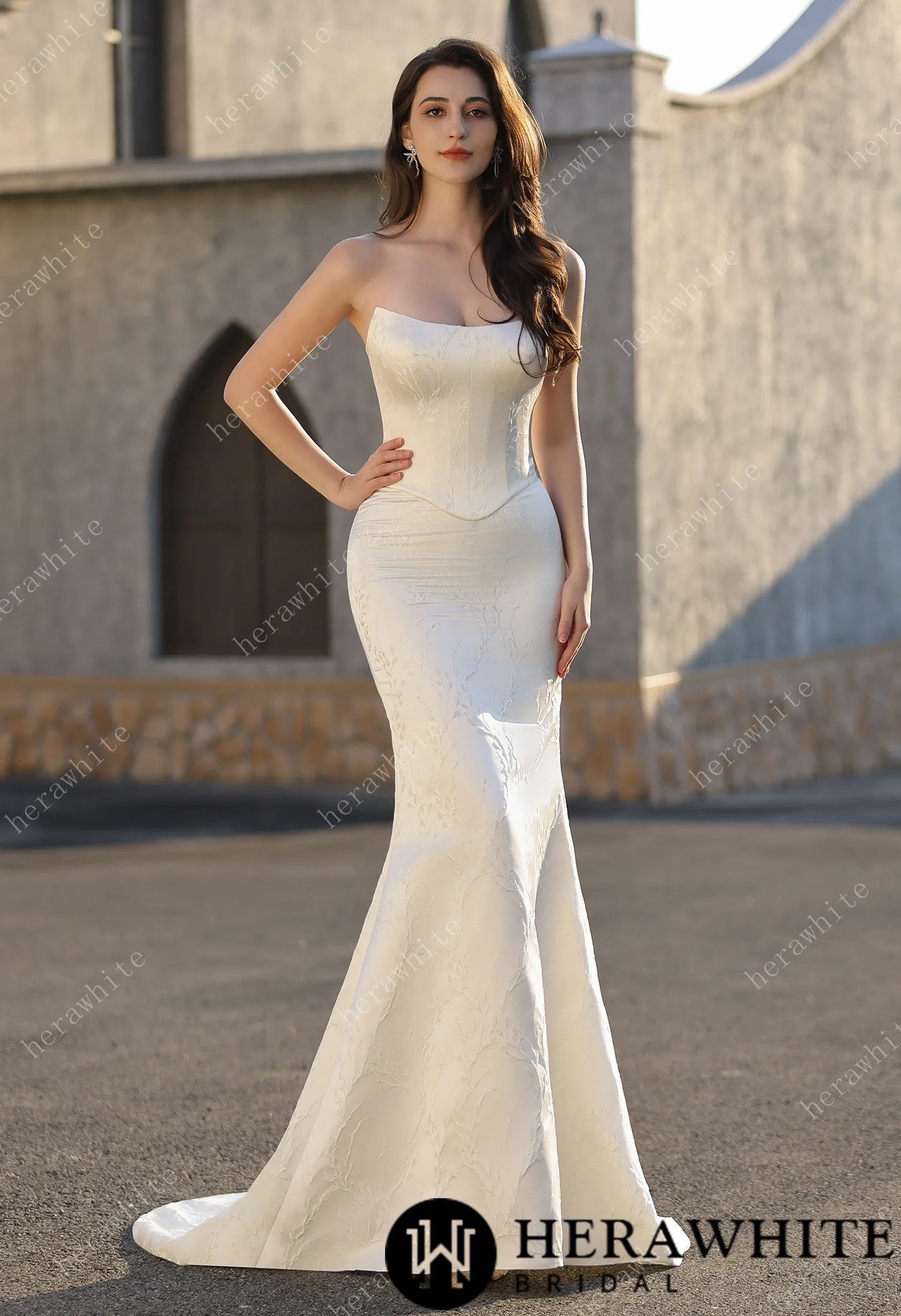 Subtle Texture Scoop Neckline Jacquard Mermaid Satin Wedding Gown HW3816A