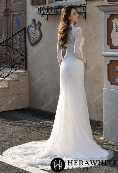 Embellished Mermaid Plunging Neckline Wedding Gown with Scallop Train HW3853