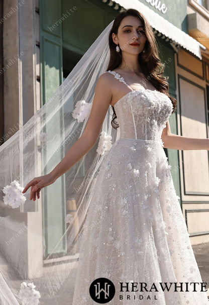 3D Floral Sparkle Lace  Wedding Dress With Straight Across Neckline HW3833