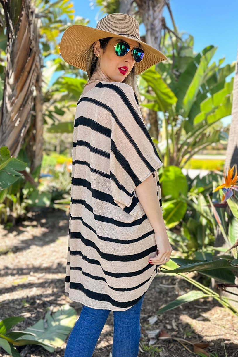 Beige Stripe Print Knitted Kimono Cardigan Cover Up