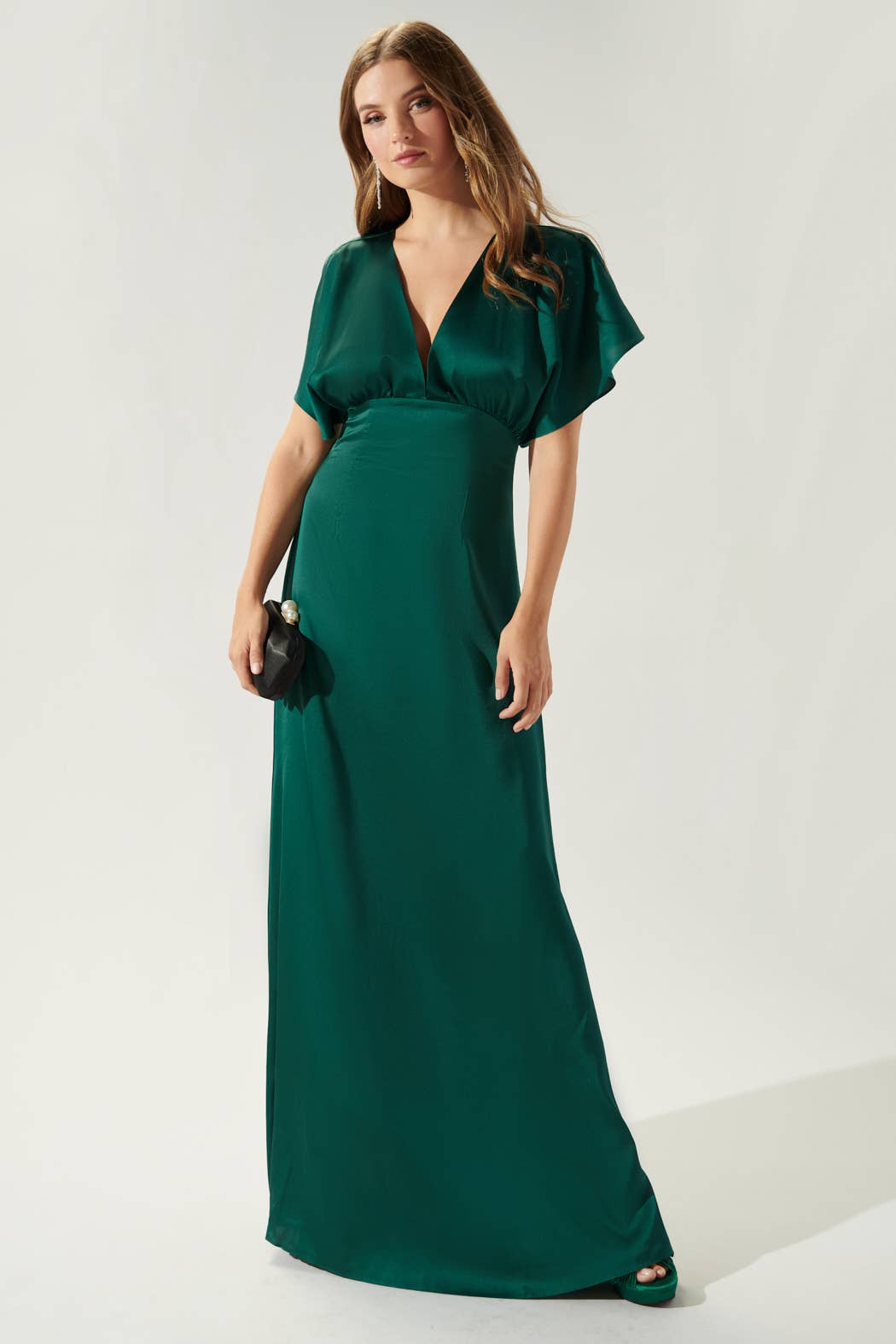 Darling Flutter Sleeve Cut Out Satin Maxi Dress: Champagne / L