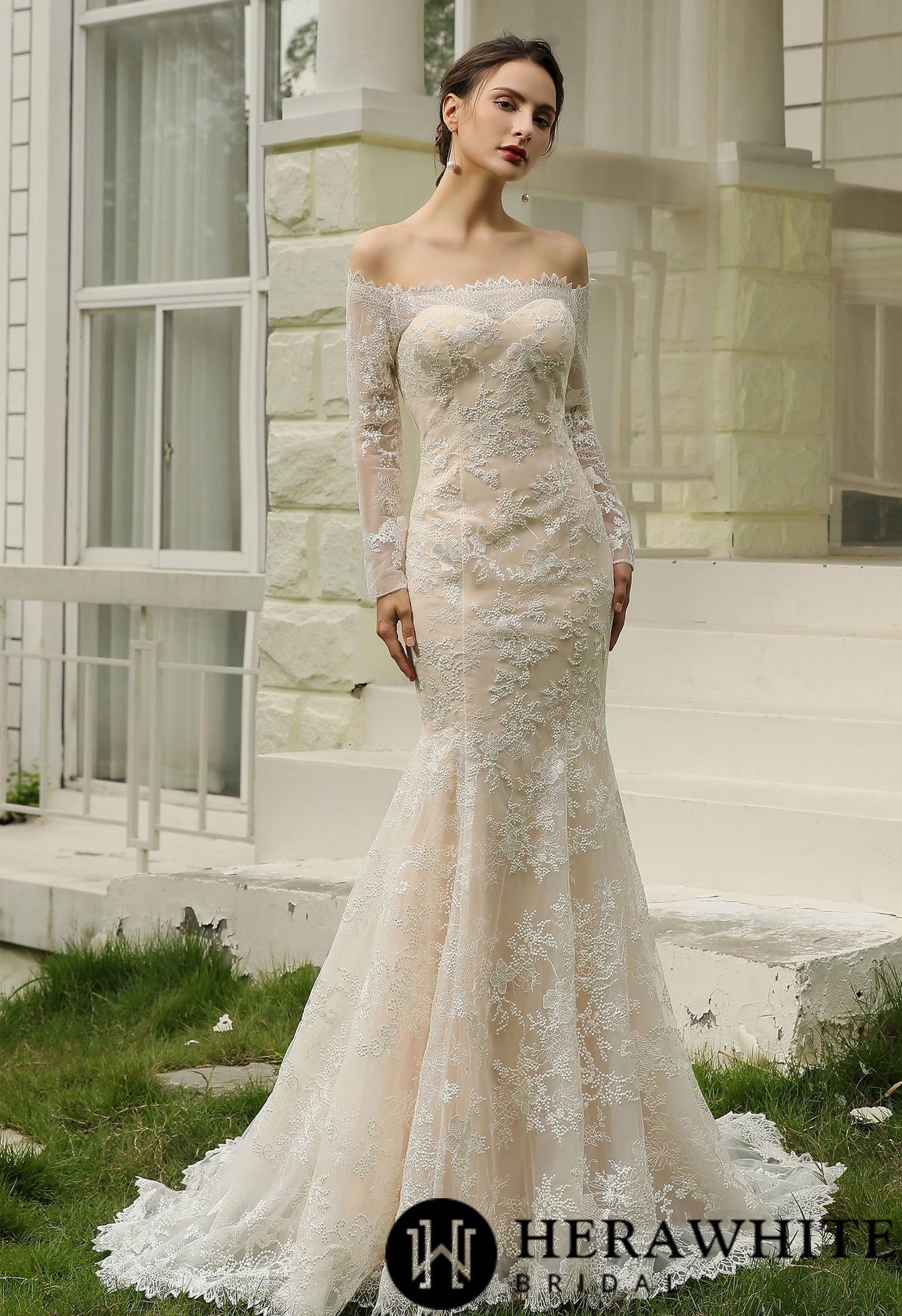 Off-the-Shoulder  Sheath Wedding Dress with Luxury Illusion lace