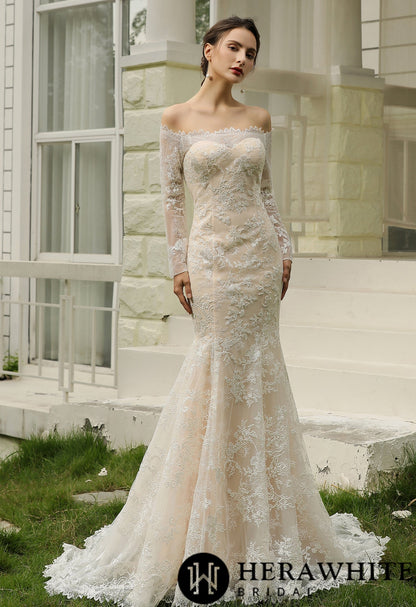 Off-the-Shoulder  Sheath Wedding Dress with Luxury Illusion lace