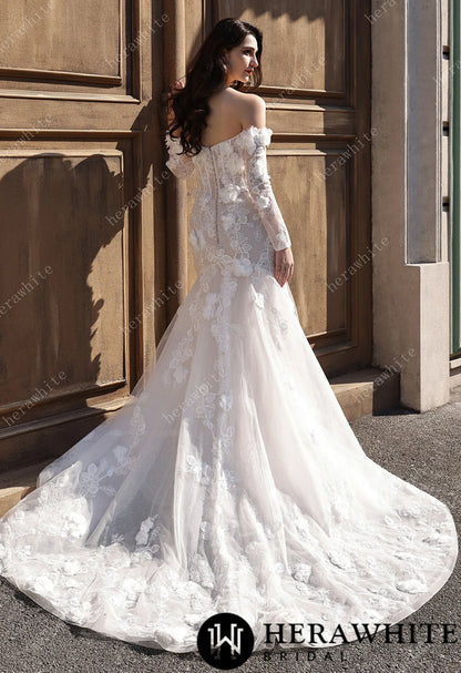 Off-the-Shoulder  3D Flower Lace Fit And Flare Wedding Dress HW3809