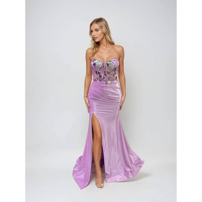 JT2496A Strapless mermaid gown with sheer floral bodice