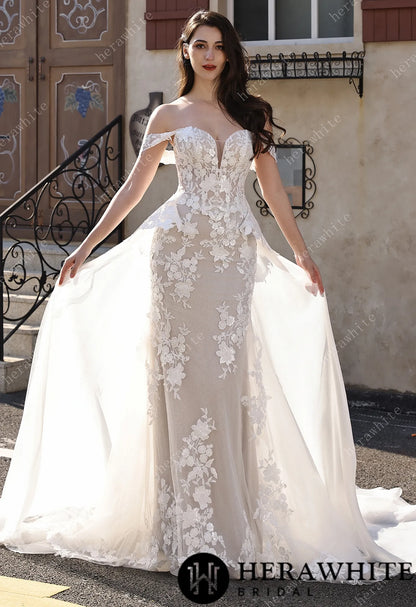 Couture Off-the-Shoulder Floral Lace Mermaid Gown With Detachable Overskirt HW3801-O