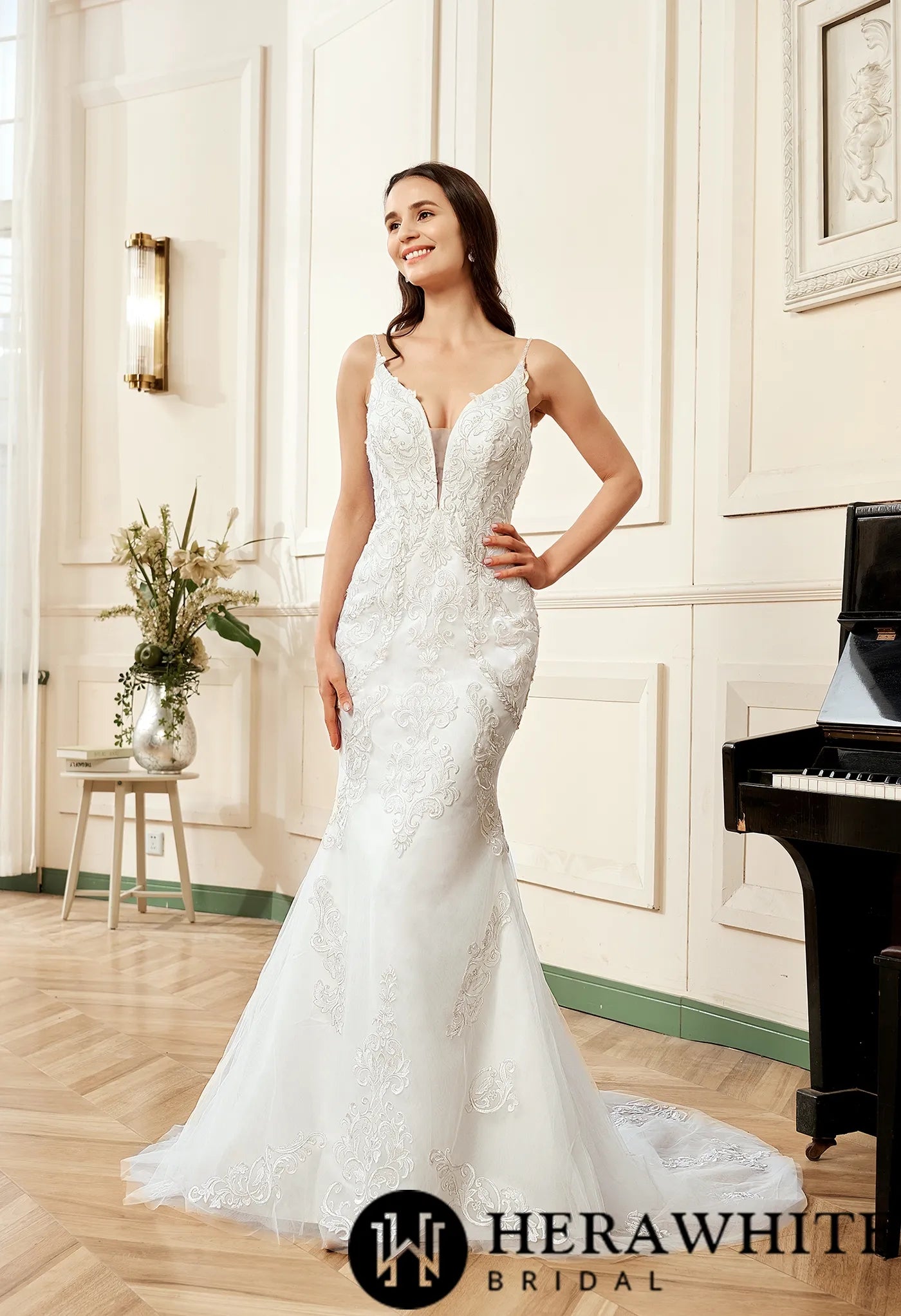 Plunging V-neck Silver Embroidered Lace Court Train Wedding Dress