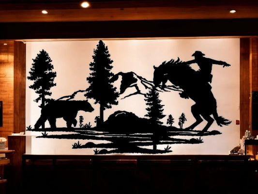 METAL Cowboy on horse with bear scene