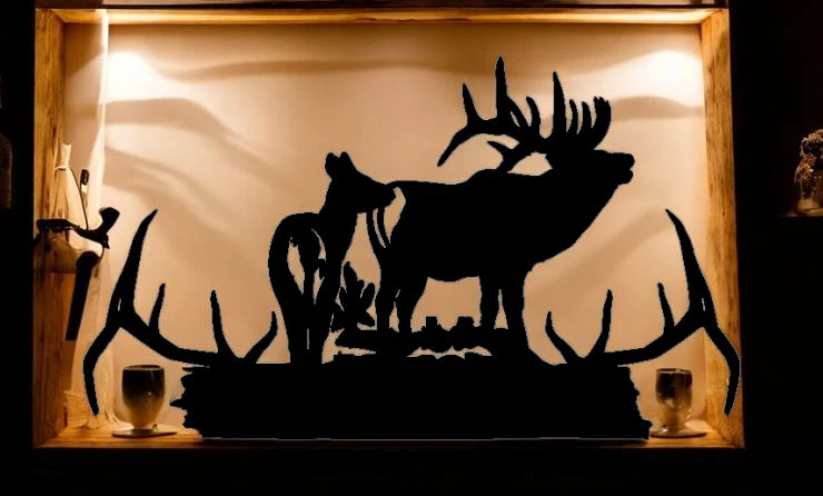 METAL Elk antlers with bull and cow