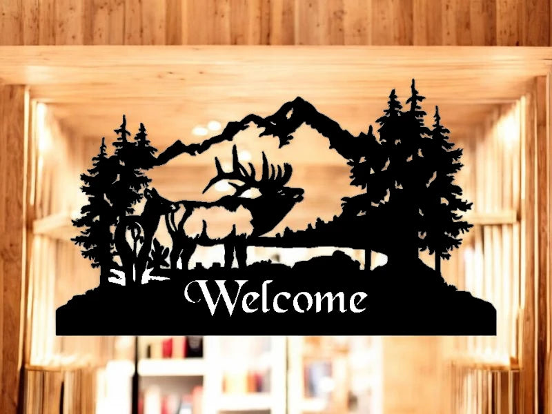 METAL ELK BULL AND COW MOUNTAIN WITH LAKE WELCOME