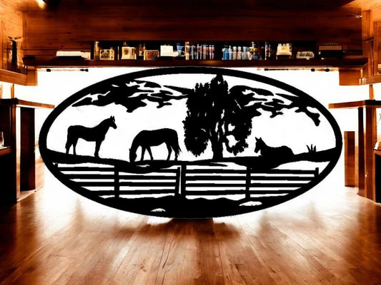 METAL Horses with fence and tree oval scene