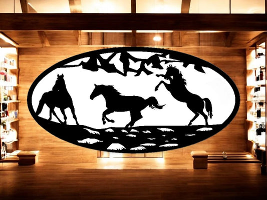 METAL Three wild horses oval scene