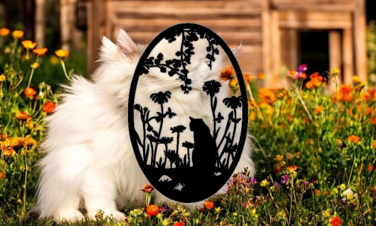 METAL Cat in flower garden oval scene