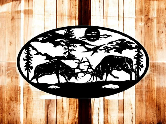 METAL Two elk bulls fighting oval scene