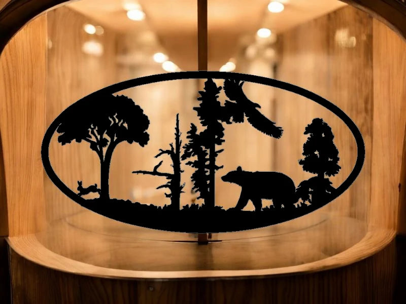 METAL Bear eagle and rabbit oval scene