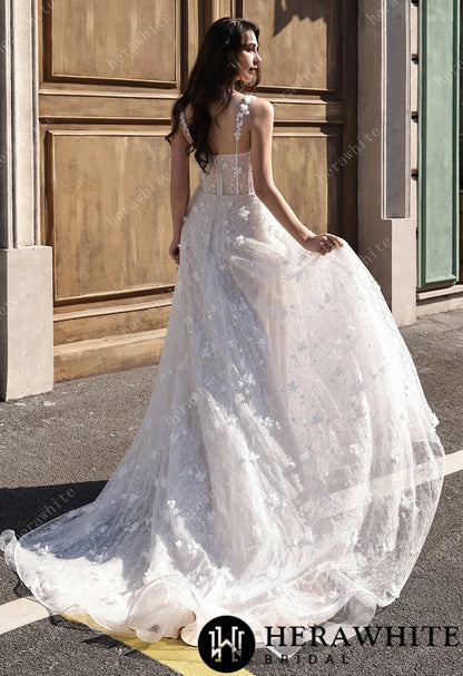3D Floral Sparkle Lace  Wedding Dress With Straight Across Neckline HW3833