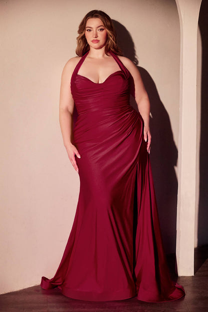 CURVY STETCH SATIN HALTER FITTED DRESS