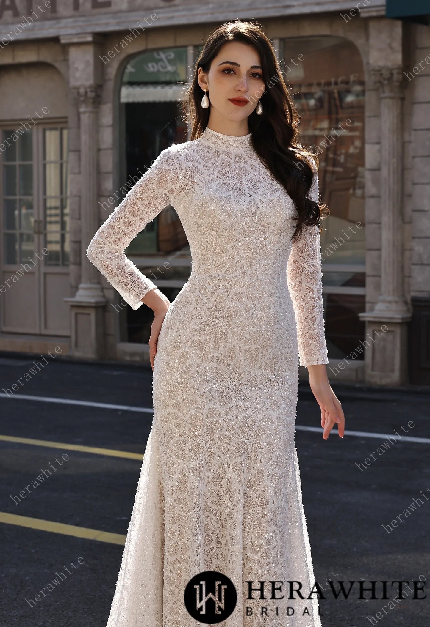 Elegant High-Neck Sequin Lace Sheath Gown with Detachable Sheer Train HW3843
