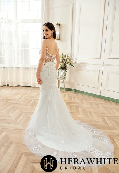 Plunging V-neck Silver Embroidered Lace Court Train Wedding Dress