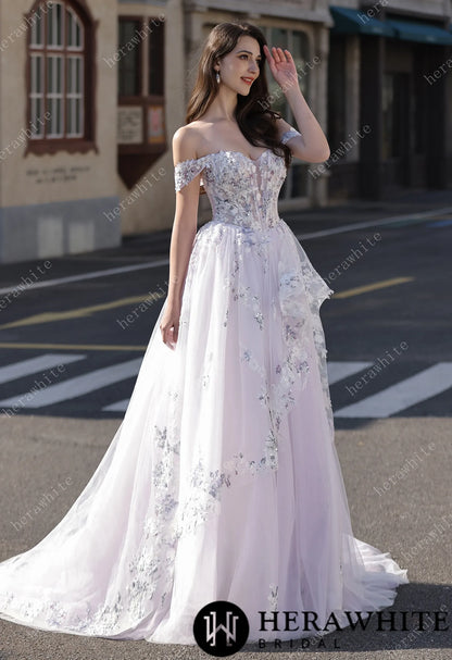 Floral Sheer-Bodice Bridal Gown with Asymmetric Ruffled Skirt HW3856