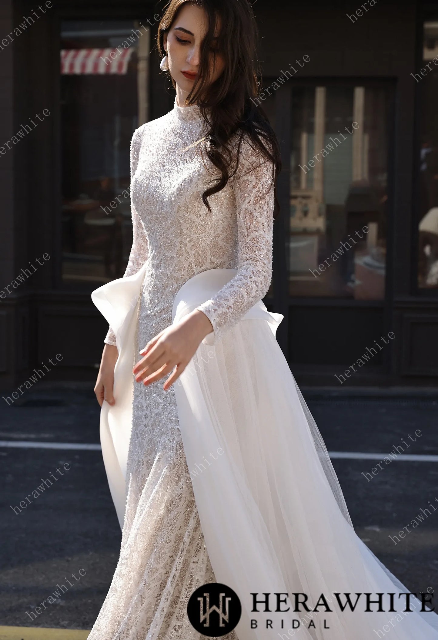 Elegant High-Neck Sequin Lace Sheath Gown with Detachable Sheer Train HW3843
