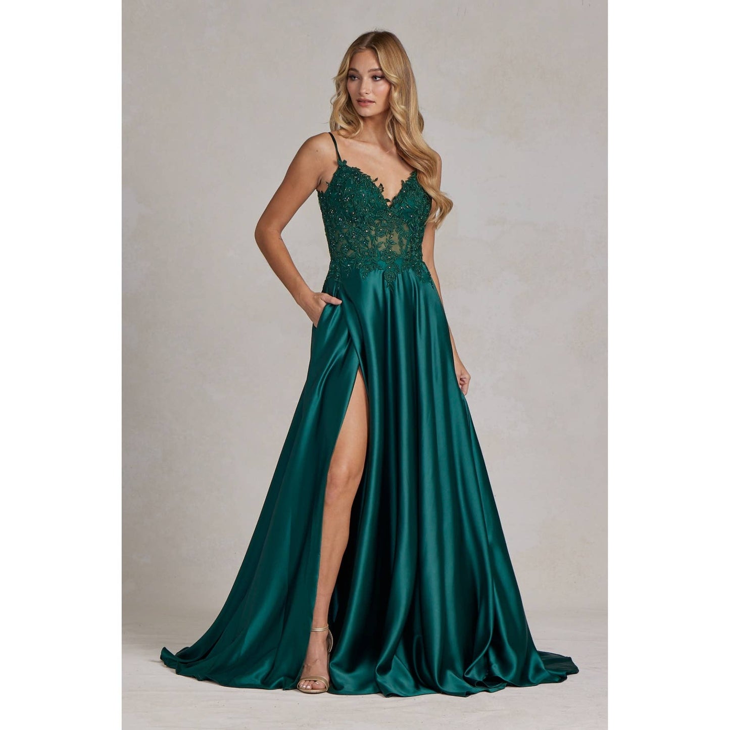 Embroidered Corset Gown with A-Line Satin Skirt K1121