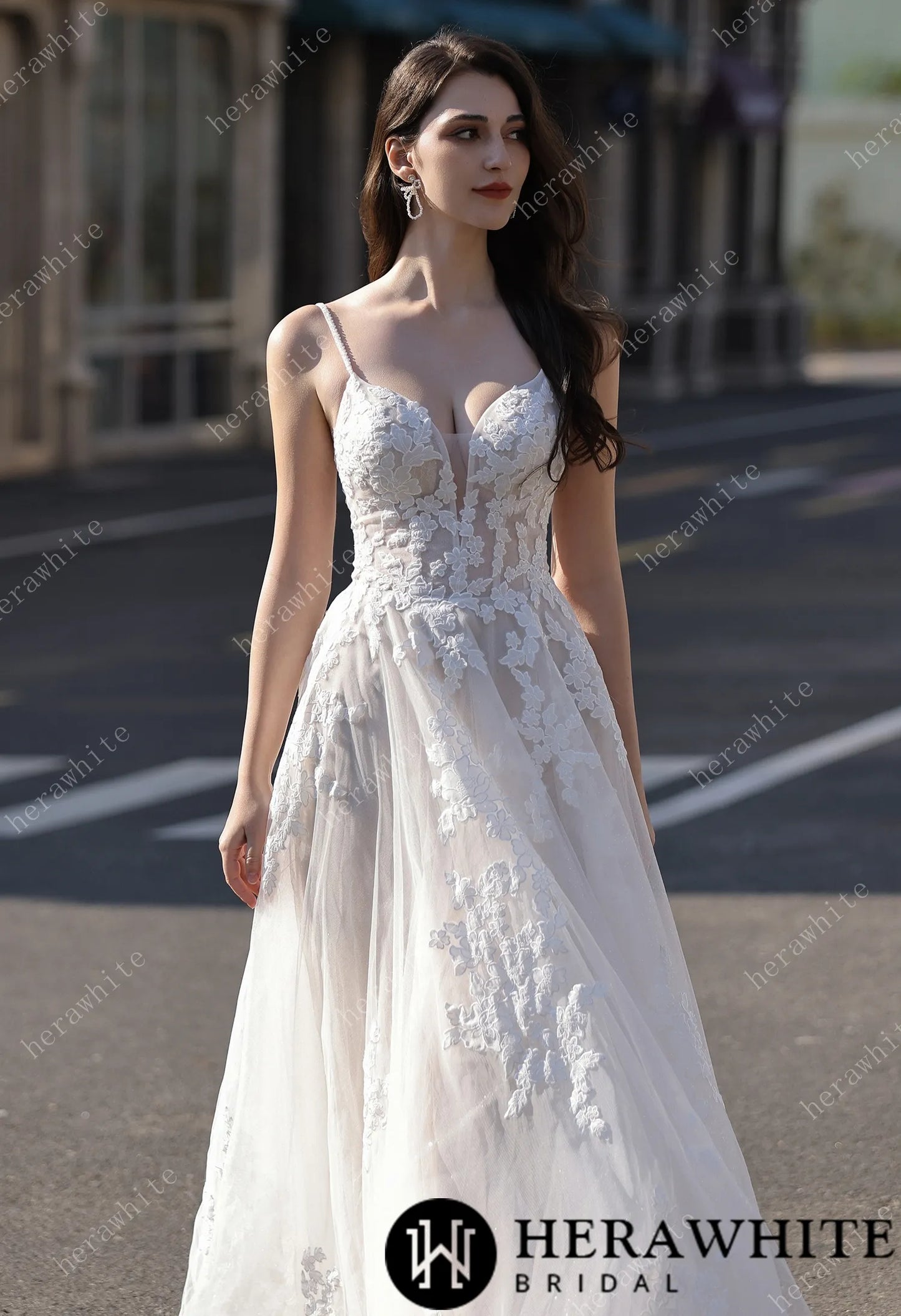 Spaghetti Strap Bridal Gown With Dramatic Lace Train HW3823