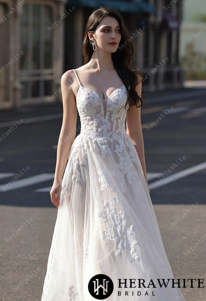 Spaghetti Strap Bridal Gown With Dramatic Lace Train HW3823