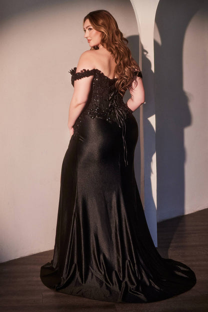 OFF THE SHOULDER LACE & SATIN CURVE DRESS