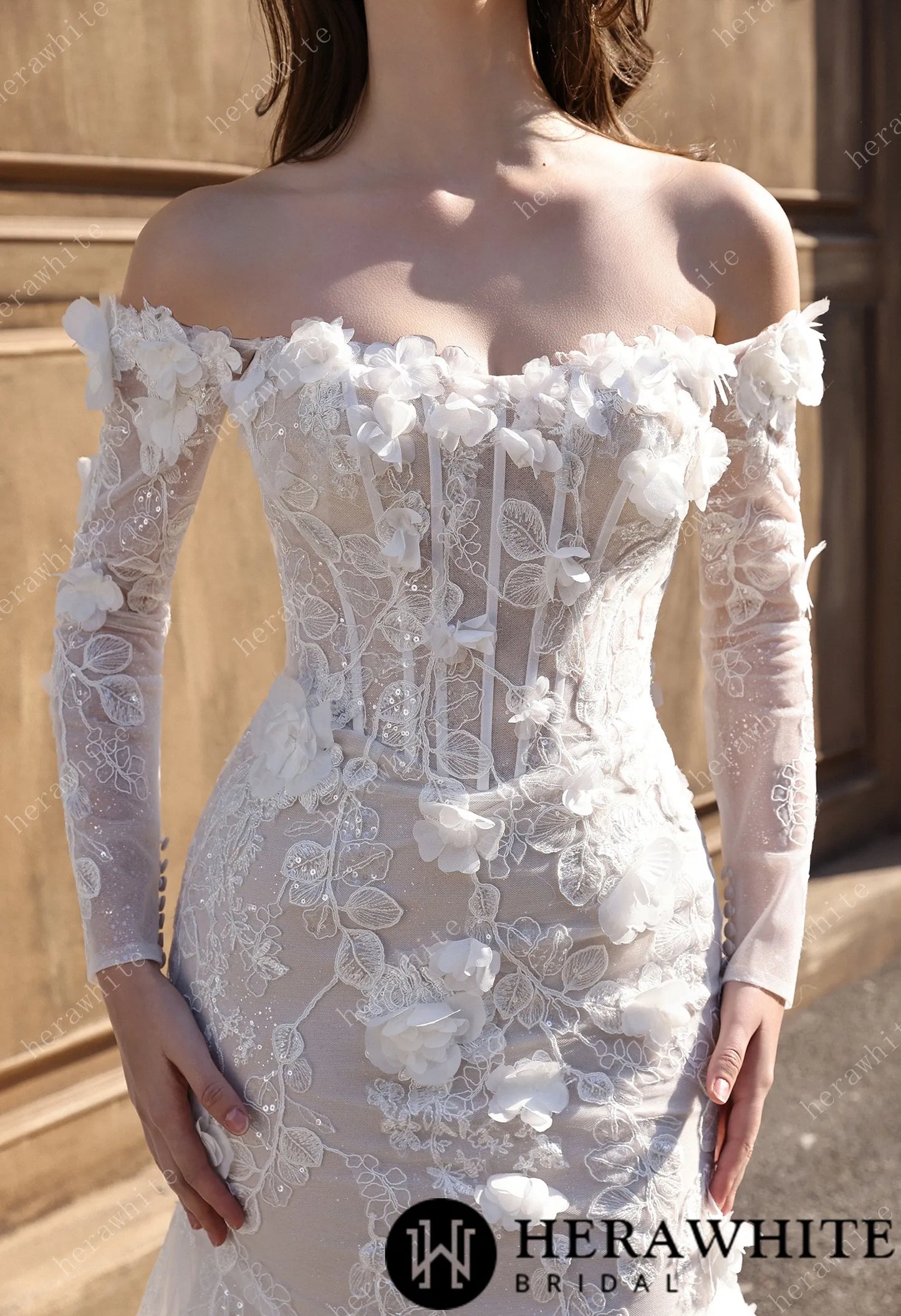 Off-the-Shoulder  3D Flower Lace Fit And Flare Wedding Dress HW3809