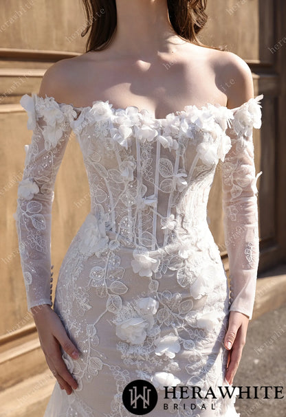 Off-the-Shoulder  3D Flower Lace Fit And Flare Wedding Dress HW3809