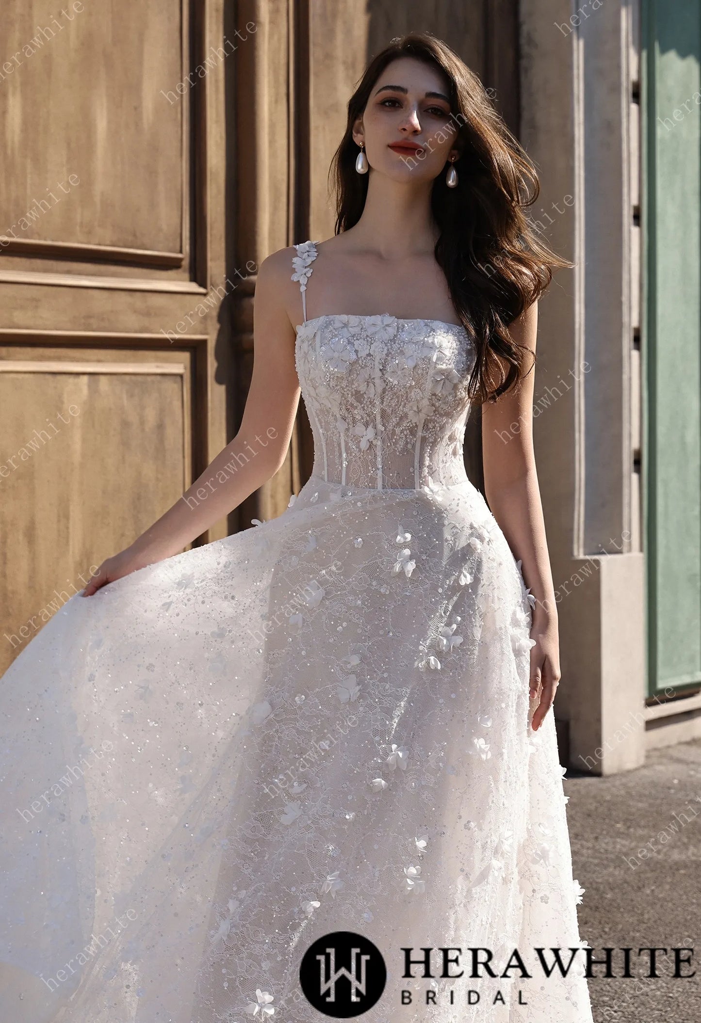 3D Floral Sparkle Lace  Wedding Dress With Straight Across Neckline HW3833