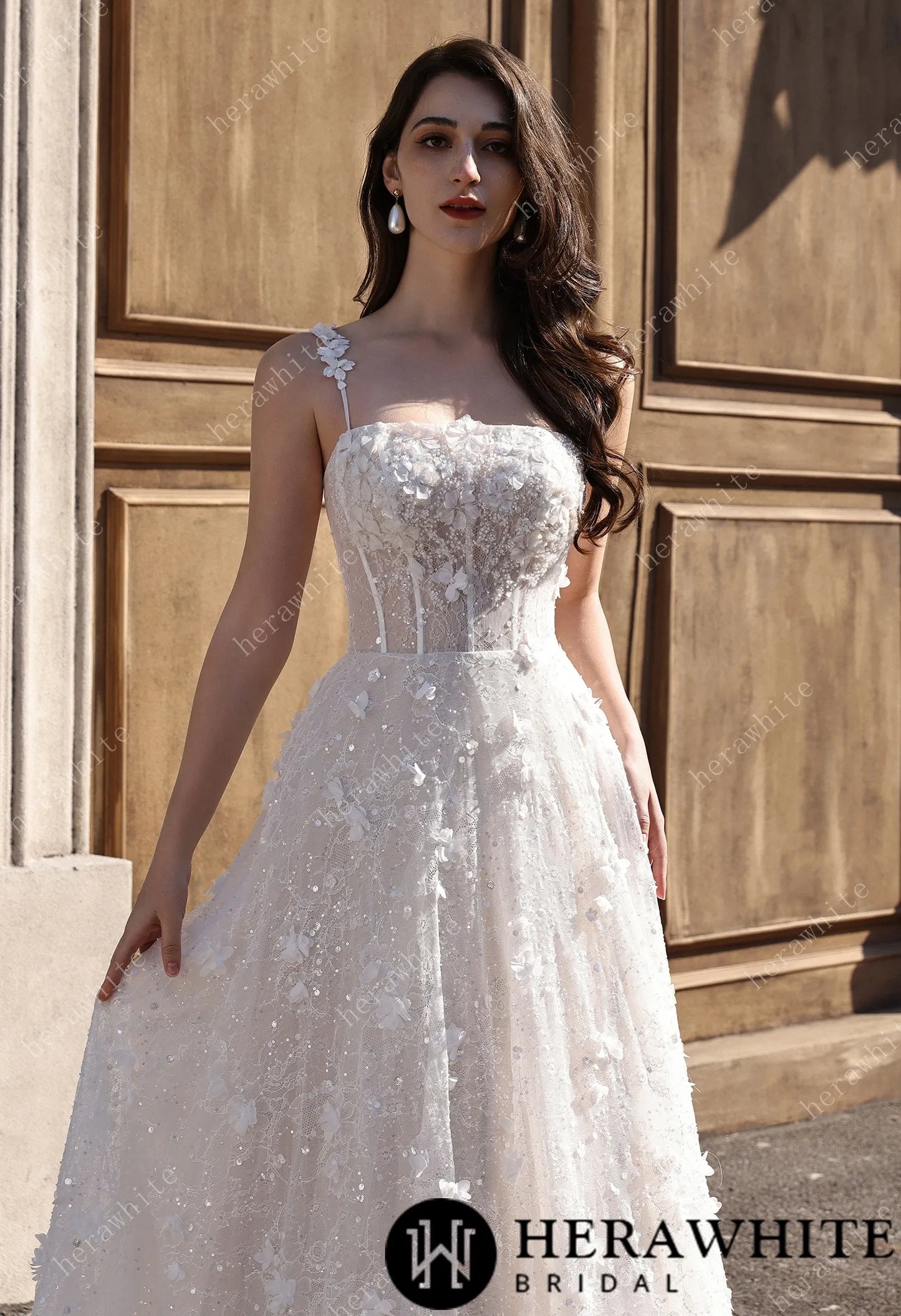 3D Floral Sparkle Lace  Wedding Dress With Straight Across Neckline HW3833