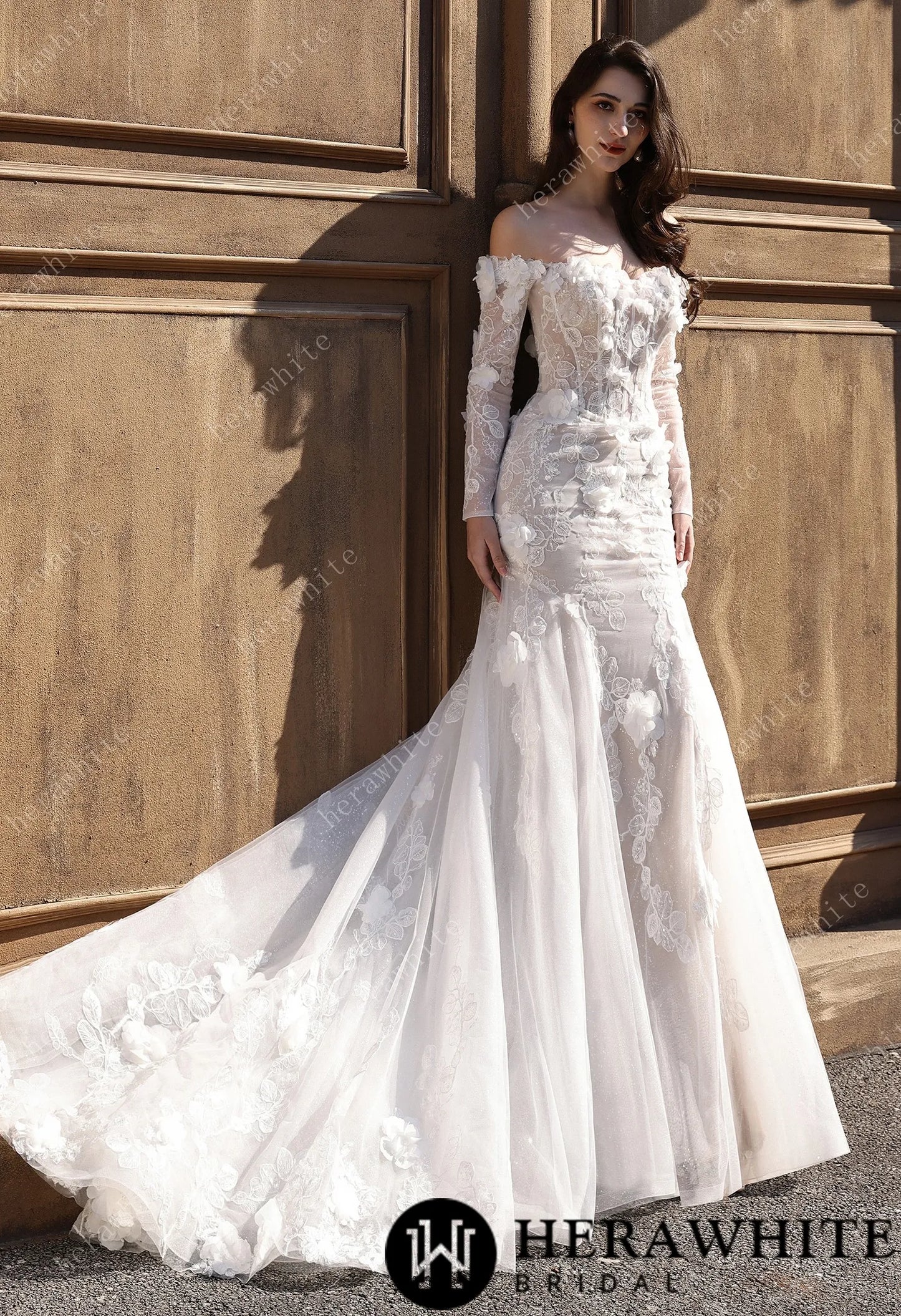 Off-the-Shoulder  3D Flower Lace Fit And Flare Wedding Dress HW3809