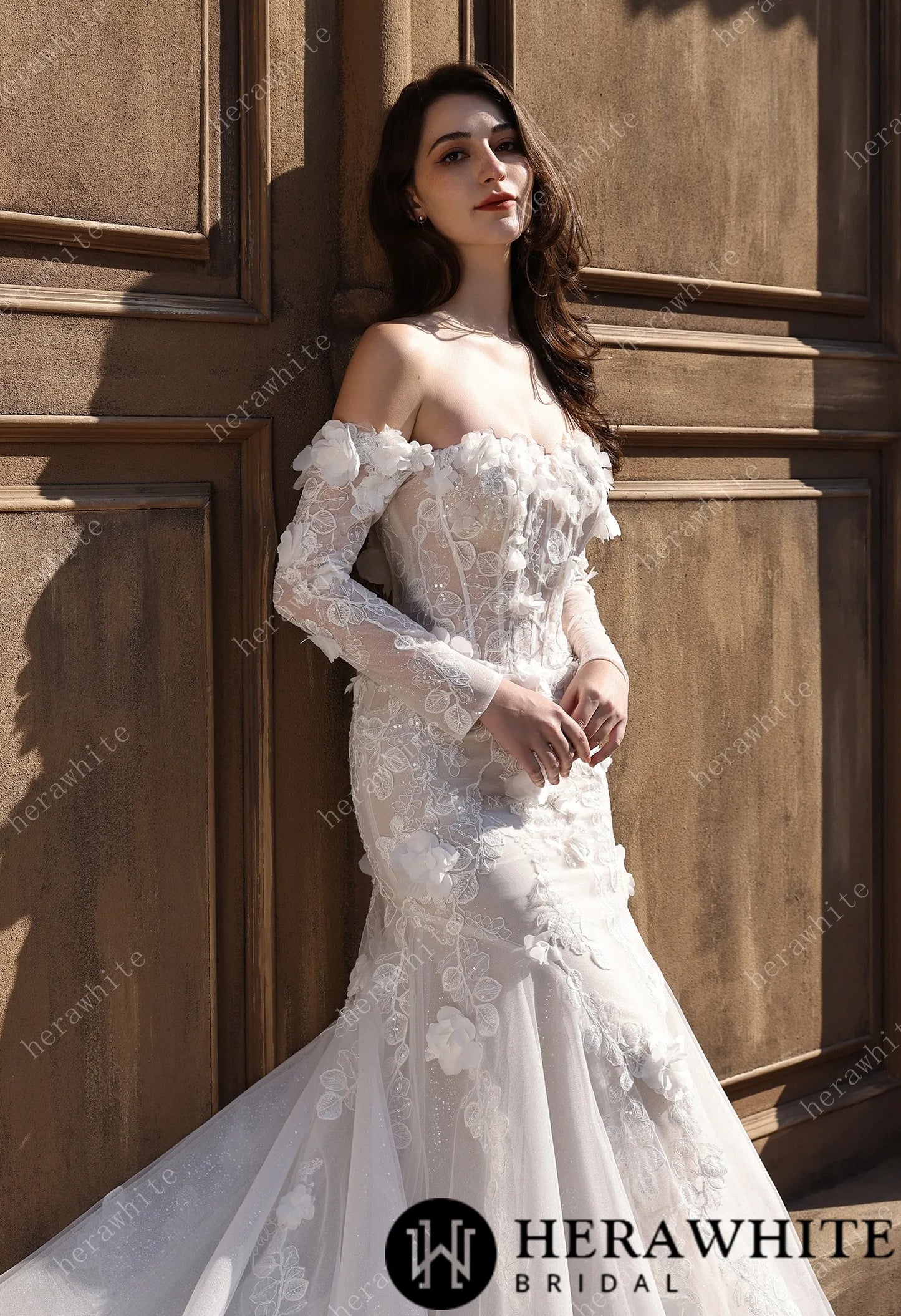 Off-the-Shoulder  3D Flower Lace Fit And Flare Wedding Dress HW3809