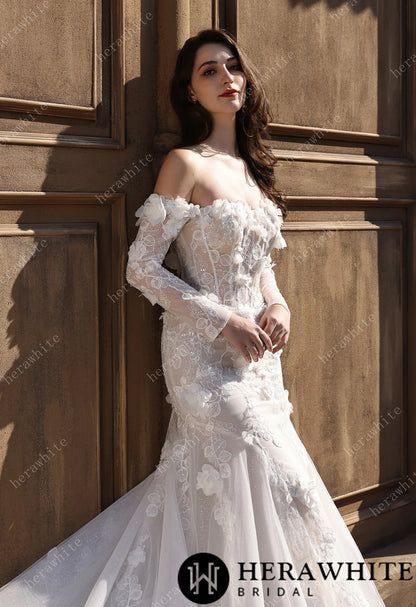 Off-the-Shoulder  3D Flower Lace Fit And Flare Wedding Dress HW3809