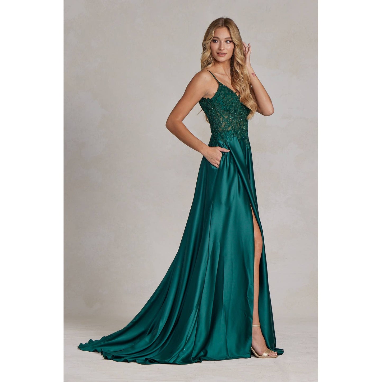 Embroidered Corset Gown with A-Line Satin Skirt K1121