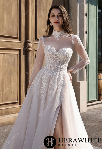 Strapless Sweetheart Beaded Lace Wedding Dress With High illusion Neck HW3841