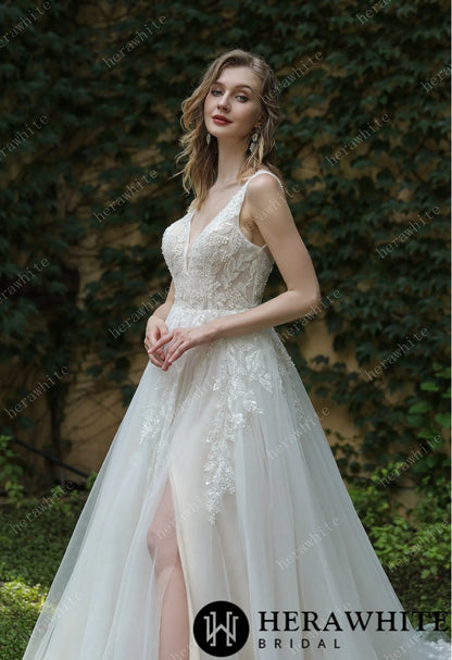 Beaded Sequins Lace And Sexy Split Wedding Dress — HW3034 — image 4