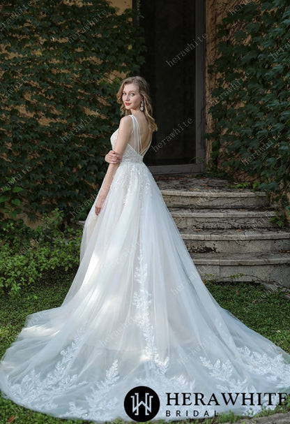 Beaded Sequins Lace And Sexy Split Wedding Dress — HW3034 — image 8