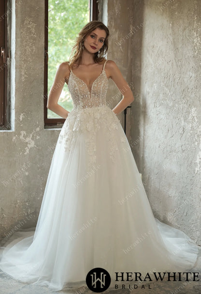 Sparkly Sequined Floral Tulle Ballgown V-neck Wedding Dress — HW3035 — image 1