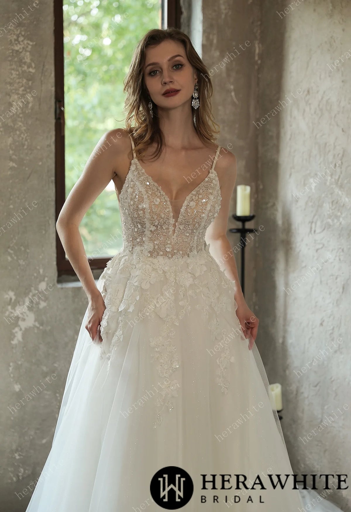 Sparkly Sequined Floral Tulle Ballgown V-neck Wedding Dress — HW3035 — image 2