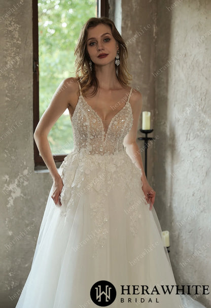 Sparkly Sequined Floral Tulle Ballgown V-neck Wedding Dress — HW3035 — image 2